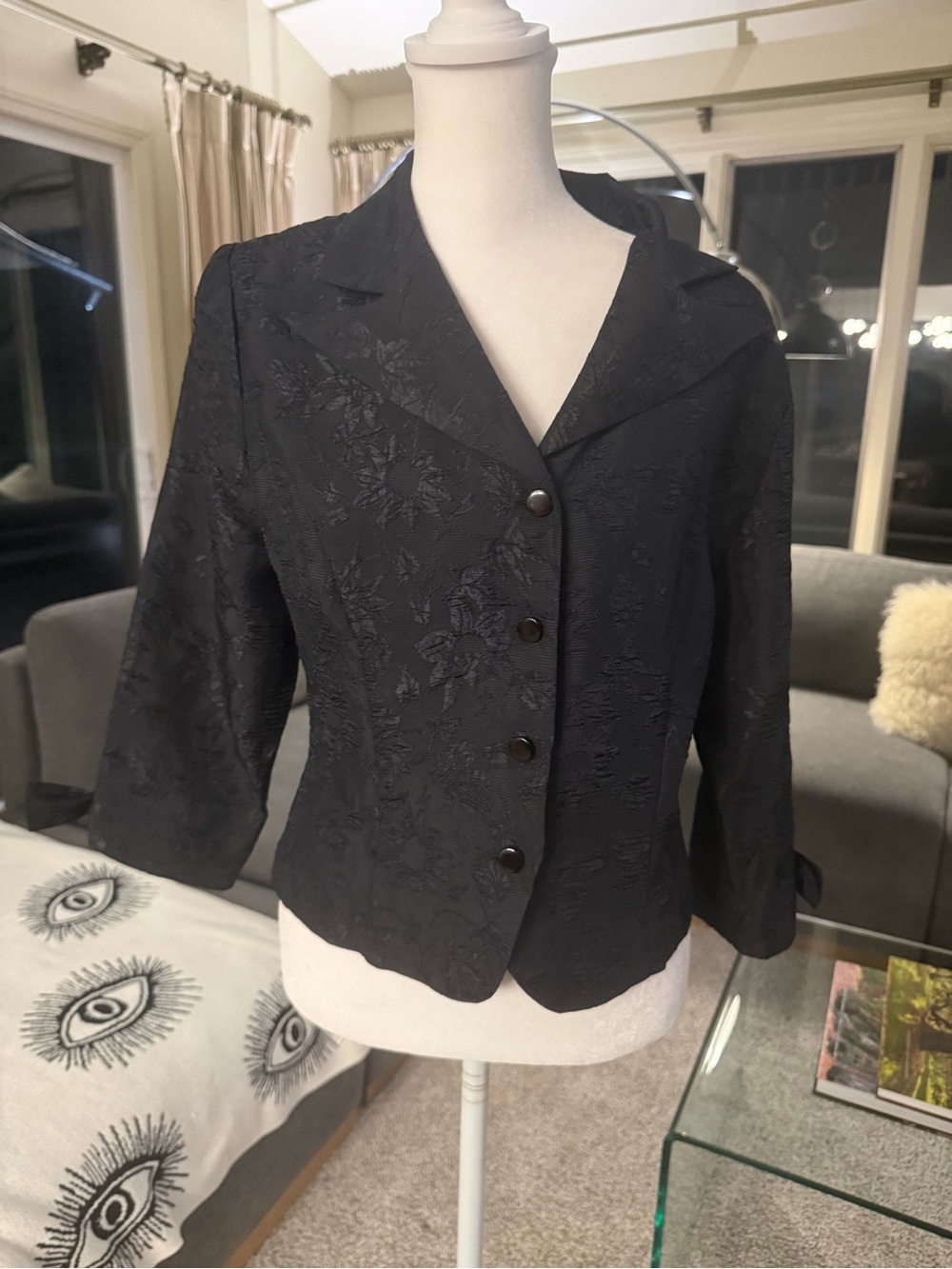 karin stevens Vintage Black Floral Brocade Blazer